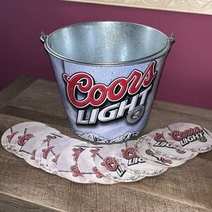 Metal COORS LIGHT Ice Bucket & 12 Double Sided Cup coasters
